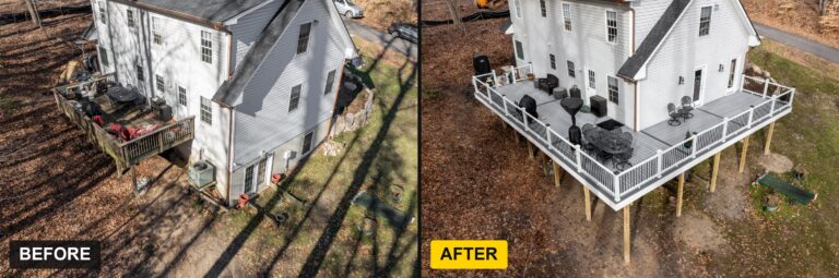 Before and after: a tired deck replaced with a wraparound TimberTech deck and Trex Select railing — Fredericksburg Deck Builders