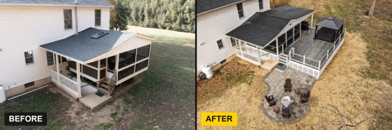 Before and after: a small dated porch replaced with a larger covered porch, a recessed hot tub, a paver patio and a fire pit — Fredericksburg Deck Builders