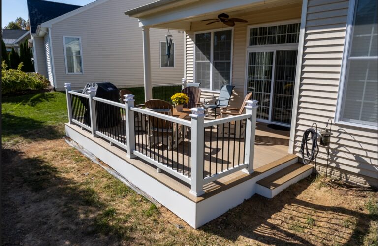 Covered patio deck with white and black rail — Fredericksburg Deck Builders