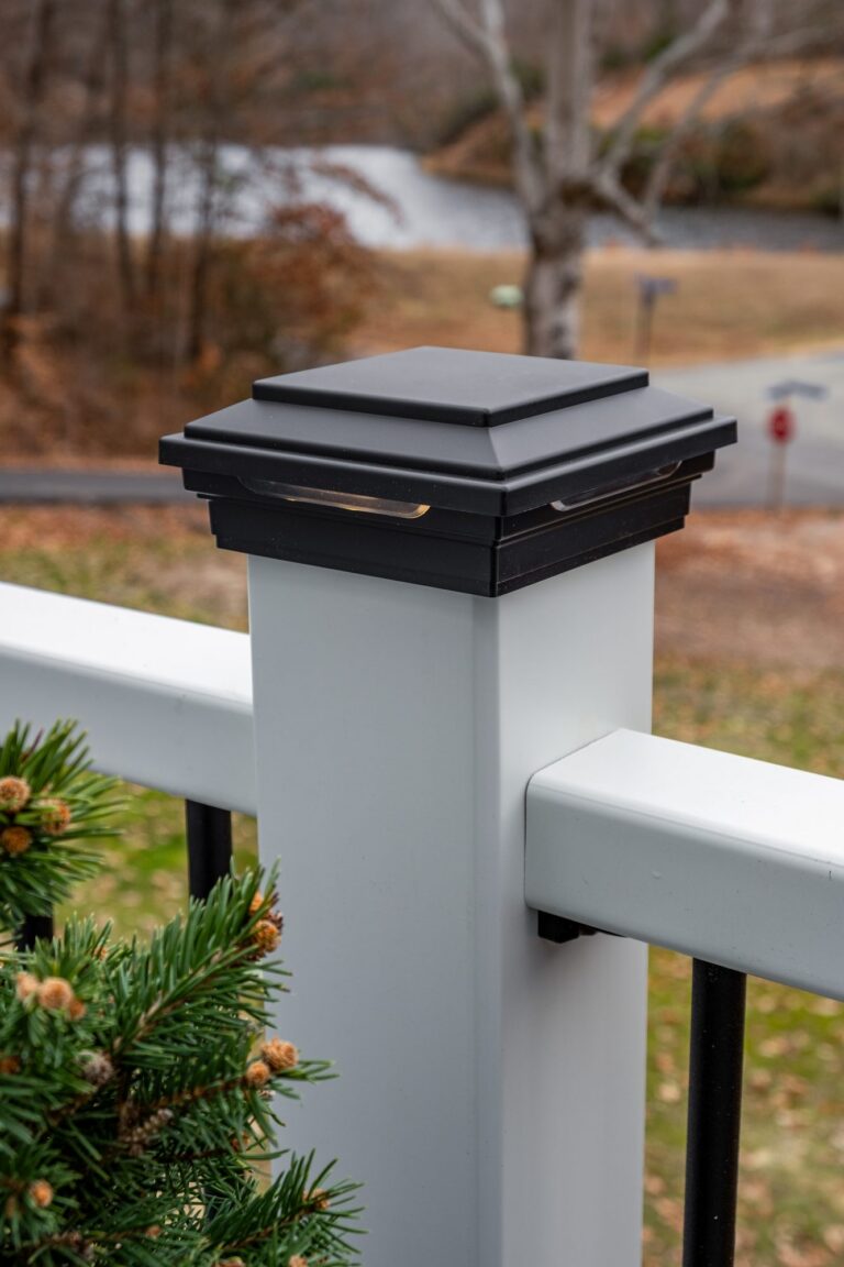 White rail post with post cap light, detail — deck railing by Fredericksburg Deck Builders, Fredericksburg VA