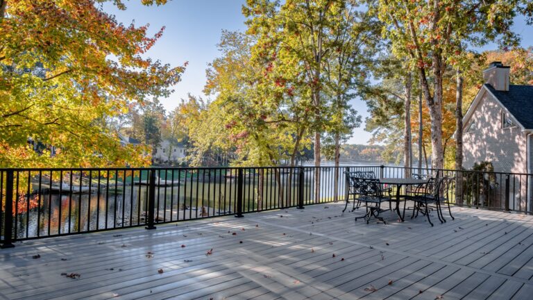 Black deck railing with a lake view — deck railing by Fredericksburg Deck Builders, Fredericksburg VA